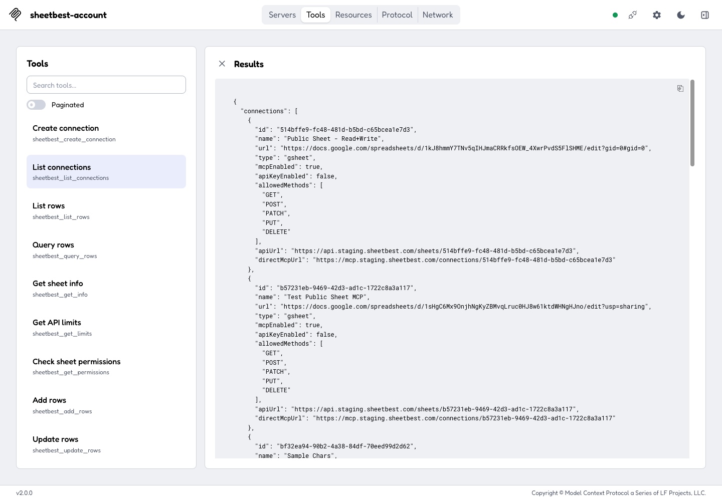 MCP Inspector showing Sheet Best connection names, IDs, API URLs, and optional direct MCP URLs.