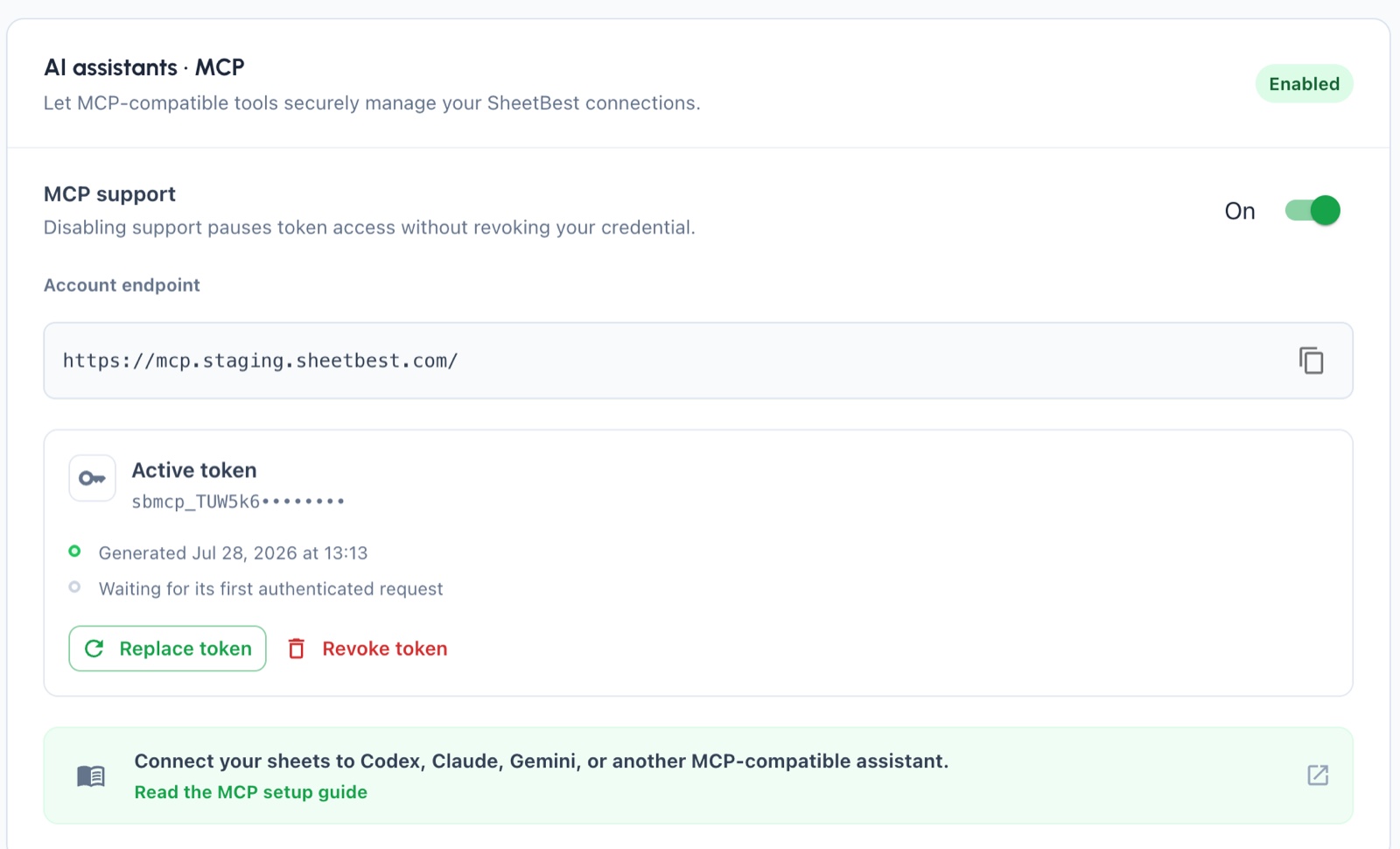 Active MCP credential showing its masked prefix, activity, Replace token, and Revoke token actions.