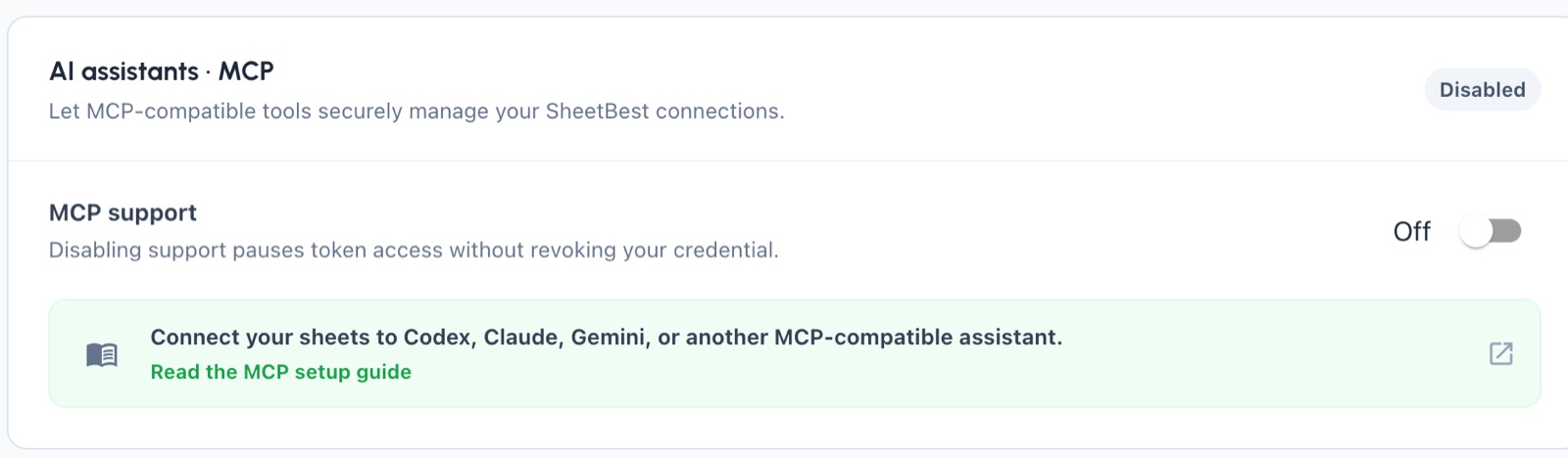 MCP account settings card with MCP support turned off.