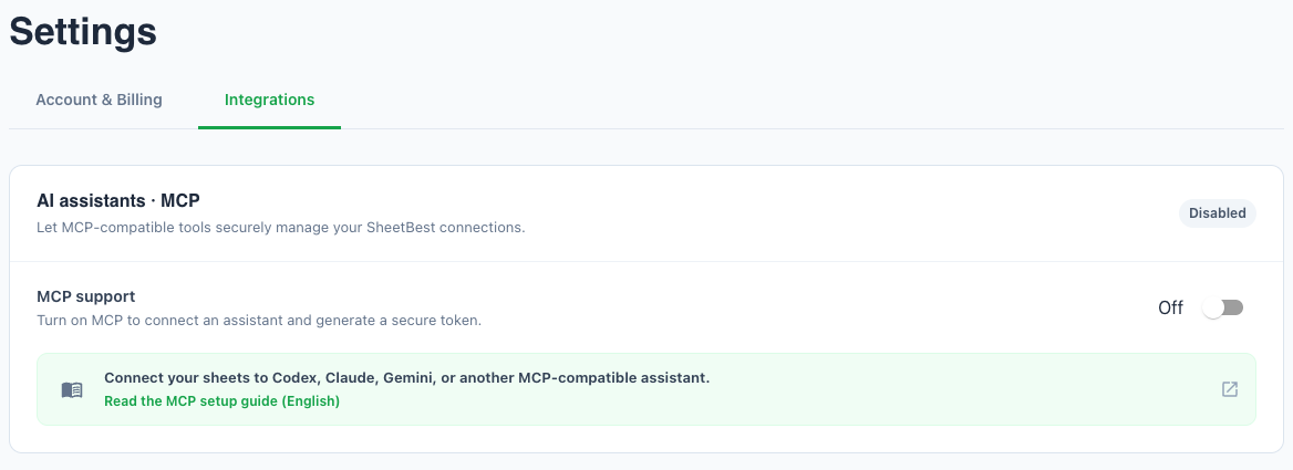 Settings with the Integrations tab selected and the AI assistants · MCP card.