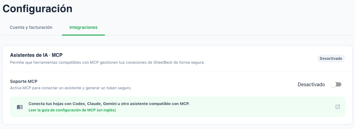 Configuración con la pestaña Integraciones seleccionada y la tarjeta Asistentes de IA · MCP.