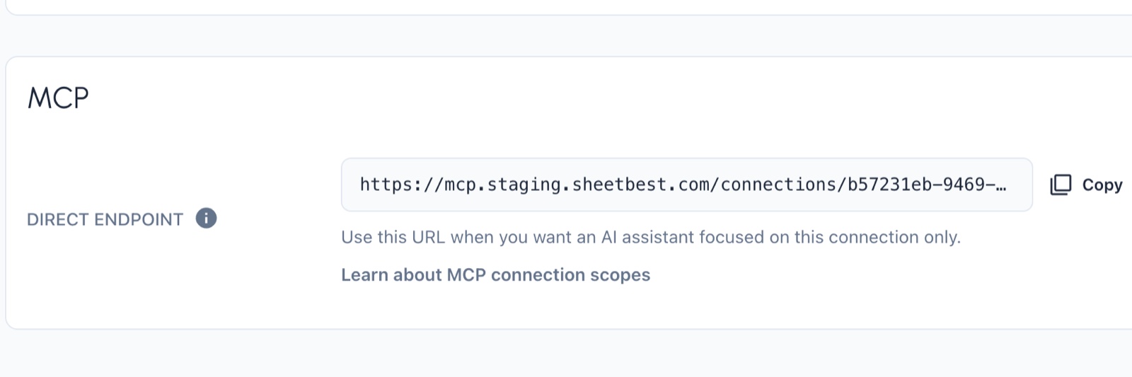 Example Direct MCP URL on a Sheet Best connection page.