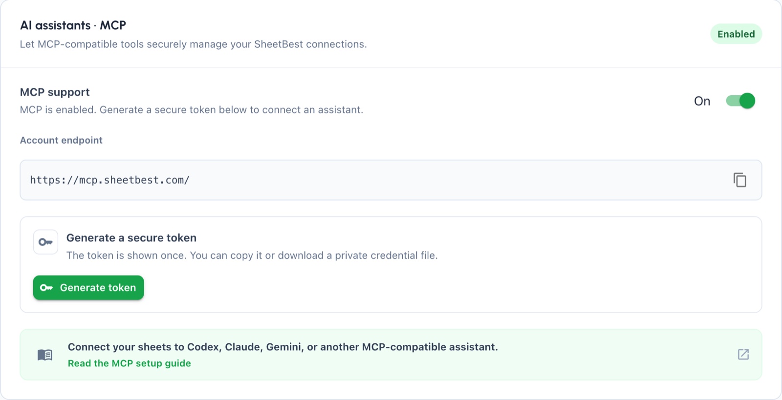 Cartão do MCP ativado com o endpoint da conta e a ação para gerar um token.