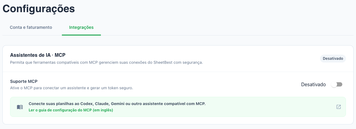 Configurações com a aba Integrações selecionada e o cartão Assistentes de IA · MCP.